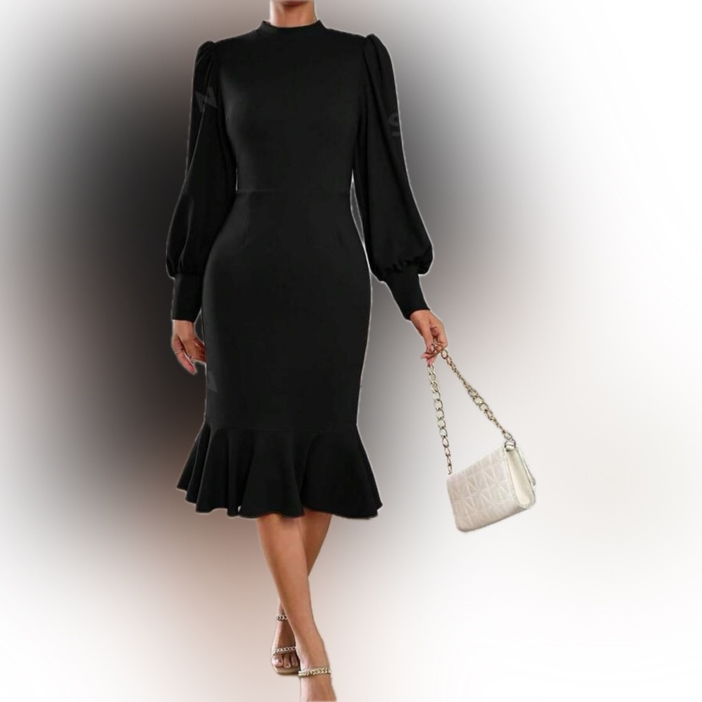 Black lantern sleeve, mermaid hem dress